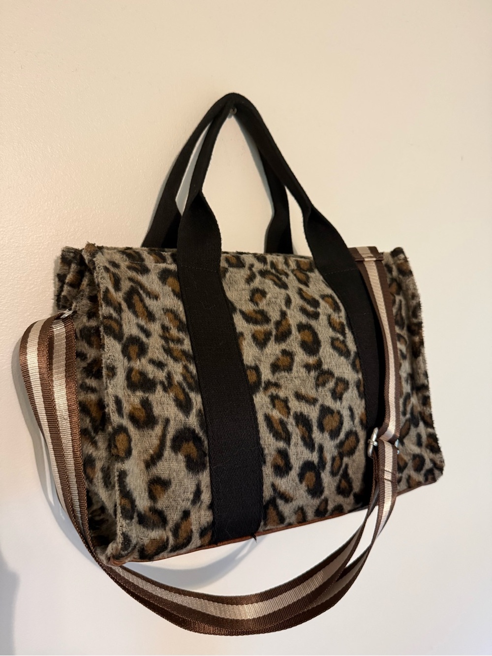 Leopard-Print Tote with Striped Adjustable Strap